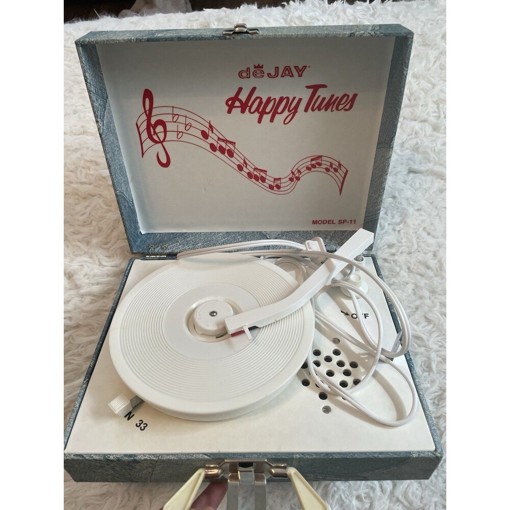 VINTAGE DE JAY HAPPY TUNES MODEL SP-11 JEANS CARRY CASE RECORD PLAYER WORKS!